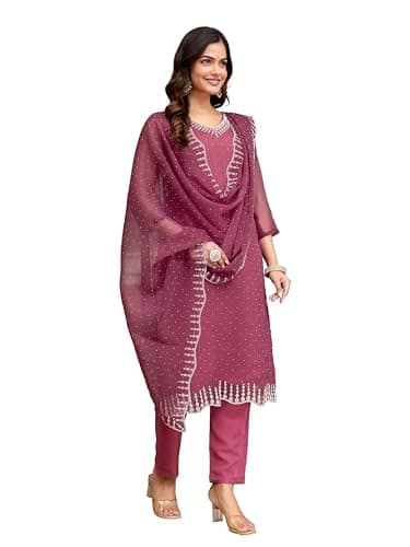 TRENDMALLS Women's Chiffon Siroski Zarkan work Kurta Pant Set with Dupatta for Women (G262-Pink-3XL)