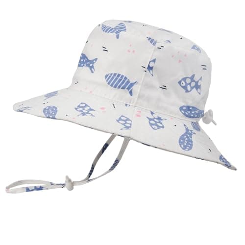 Exemaba Baby Sun Hat Adjustable - Toddler Kids Beach Pool Bucket UPF 50+ Wide Brim Chin Strap Summer Play Hat (Fish, 50/12-24 Months)