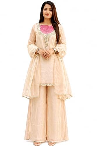 LEELICHI Women's Premium Roman Simmer Salwar Suit Set Kurta Sharara with Dupatta Kurta Palazzo Set Stitched Ready To Wear