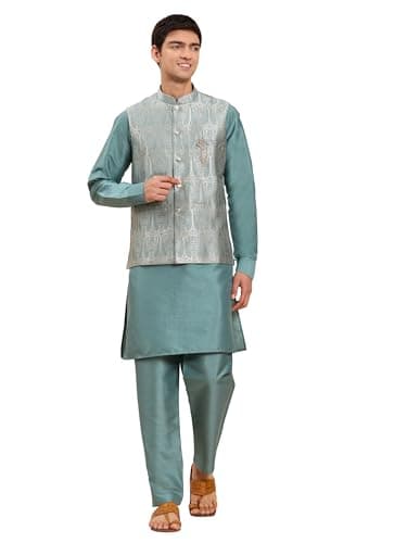 Pro-Ethic Style Developer Mens Indian Traditional Cotton Kurta Set With Jacquard Silk Jacket (Waistcoat) For Men (C-117) Green XXXX Large