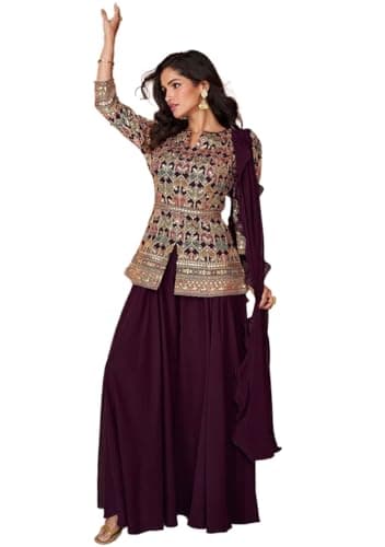 Indya Wine Embroidered Georgette Sharara Set – Embroidered for Wedding | 3/4 Sleeve | Indian Ethnic Wear