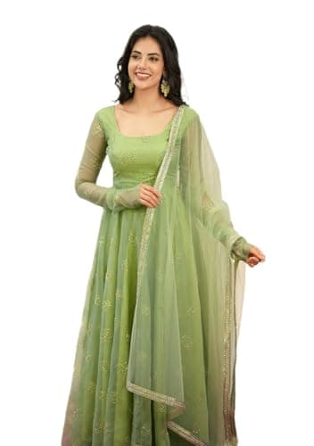 Indya Light Green Embroidered Organza Anarkali Set for Festive | Long Sleeve | Scoop Neck | Indian Ethnic Wear