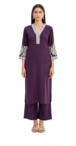 Women’s Embroidered Kurta Set with Pants – Straight Fit Ethnic Wear, 3/4 Sleeve V-Neck Traditional Outfit (US, Alpha, Medium, Regular, Regular, Purple)