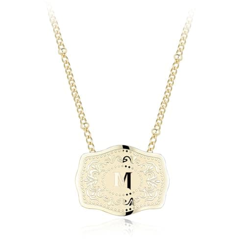 Holylegend 14K Gold-Plated Initial Letter Pendant Necklace with Embossed Belt Buckle, Western Cowgirl Initial Necklace for Women, Buy 1 Get 14 Chains, Personalized Jewelry Gift for Women and Men