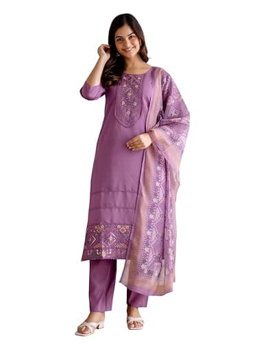 TRENDMALLS Women's Roman Chanderi Embroidery Kurta Pant with Dupatta Set (G383-Purple-M)