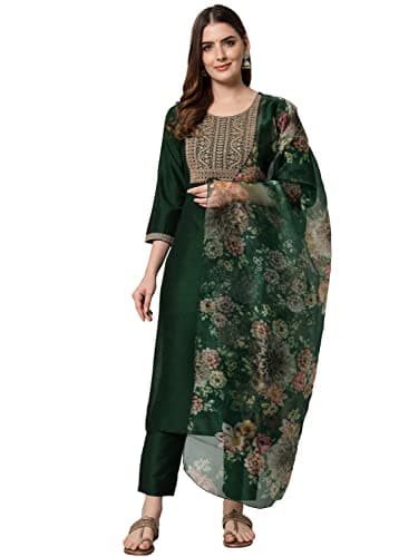Aashita Creations Women Silk Blend Kurta Pant with Dupatta Set_517, Large, Green