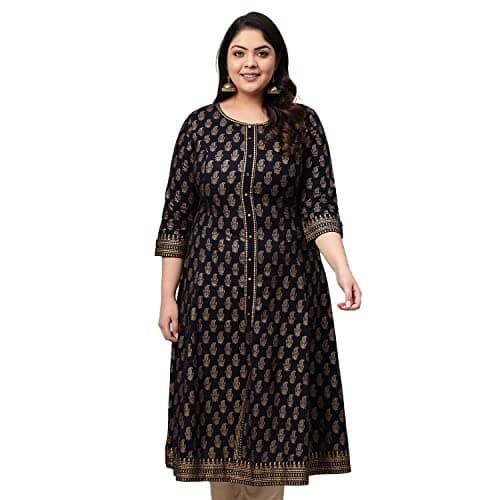 Yash Gallery Women's Plus Size Cotton Gold Print Anarkali kurta (Black)
