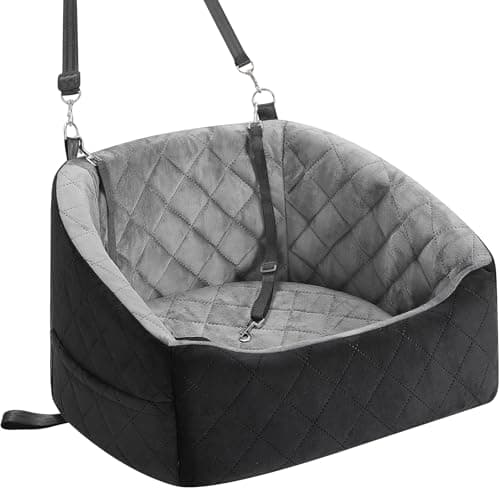 KANGREST Dog Car Seat for Small Dogs Up to 30 Lbs, Pet Travel Safety Bed for Puppy Cat, Fits in Front/Back Seat, Anti Slip Base, Fully Detachable Washable with 2 Safety Tether(Grey-Black)