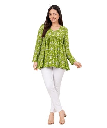 ANUSHIL Women’s Floral Kurti Tunic Top – Casual Long Sleeve Boho Blouse, Flowy Babydoll Style, V-Neck Ethnic Indian Kurta for Jeans & Leggings