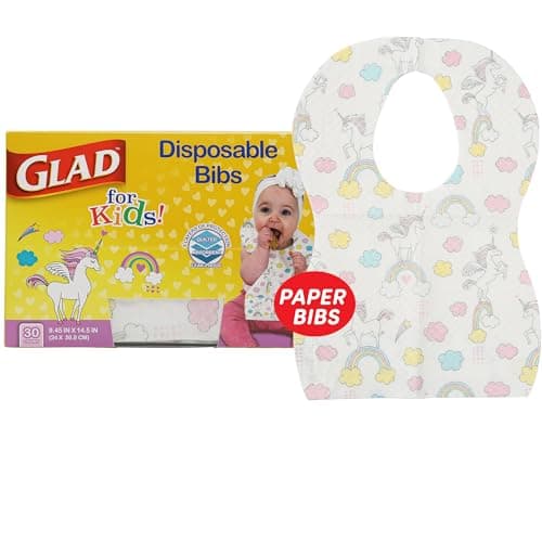 Glad for Kids Unicorn Disposable Paper Bibs with Crumb Catcher, Absorbent Leakproof Bibs for Toddlers and Babies, Mess Free Feeding, Crafts, Parties, and Travel Use, 30 Count