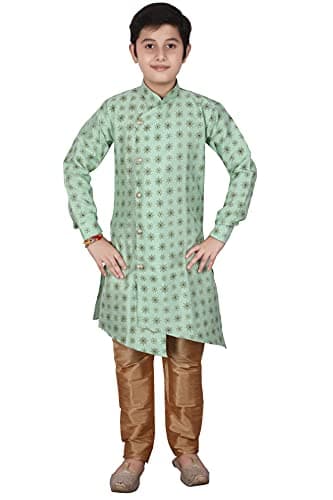 Pro-Ethic Style Developer Kids Ethnic Indian Silk Floral Printed Kurta Sets For Boys| Pack Of 1 (L Green, 7-8 Years)