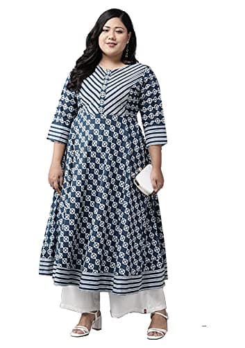 Yash Gallery Women's Cotton Floral Print Anarkali Kurta (Blue)
