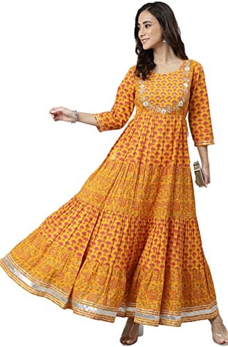 Janasya Indian Women's Cotton Mustard Floral Print Casual Wear Summer Kurta for Women