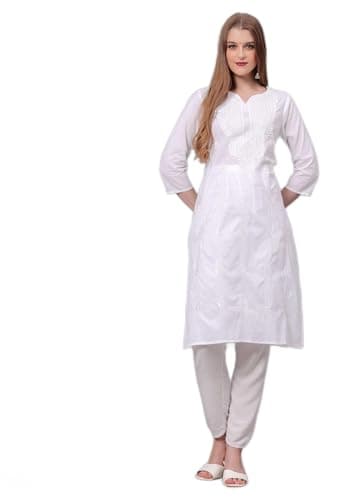 JG JAI GOVINDAM Indian Hand Embroidered White Kurti for Women Chikankari Straight Cotton Long Kurti's Tunic Kurta Dreses for Women (Large)