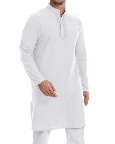 YAOHUOLE Moroccan Kaftan for Men Long Sleeve Kaftan Kurta for Men White 3XL