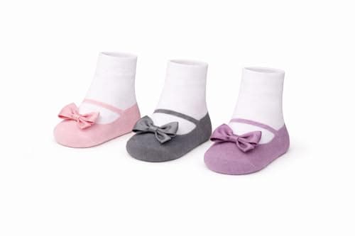 baby emporio Baby Girl Socks with Mary Jane or Sneaker Shoe Look - Non-Slip Gripper Soles - 3 or 6 Pairs - Soft Cotton - 0-12 Months