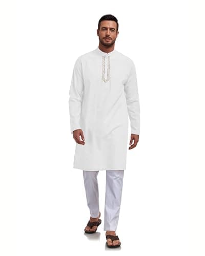 Jacansi Men's Robe Kaftan Button Down Men Kurta Thobe Long Sleeve Robe Cotton Linen Muslim Caftan White M