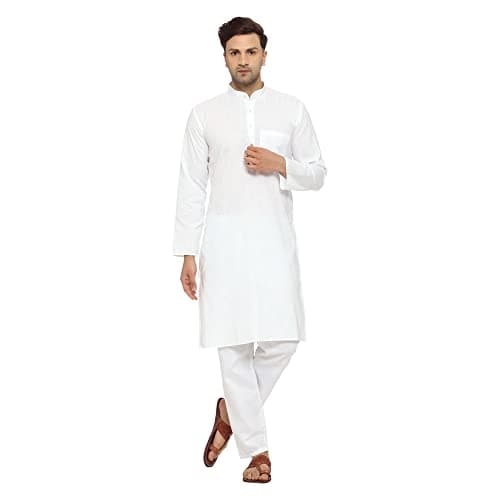 ITOS365 Men Cotton Blend Kurta Pyjama Set Party Fashion Regular Ethinic Wear Indian Dress Gift for Men White Small