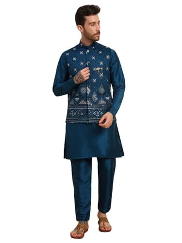 Pro-Ethic Style Developer Mens Heavy Cotton Silk Sequence Kurta Trouser Set With Waistcoat (Nehru Jacket) (C-118) Navy blue Large