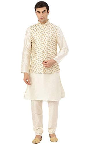 Henith Collection Men's Indian Silk Kurta Pajama Set with Embroidered Nehru Jacket Wedding Party Festivals Dress Set (Off-White & Golden, XXL)