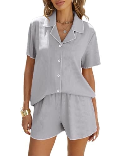 Ekouaer Ribbed Pj Set, Button Up Short Sleeve Shorts Women 2 Piece Lounge Sets Light Grey Medium