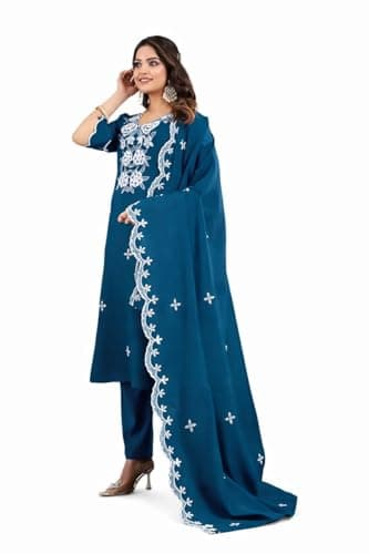 FOXDX Women Embroidered Straight Kurta Pant Set with Dupatta – Traditional Ethnic Wear for Women (US, Alpha, Large, Regular, Regular, Morpich)