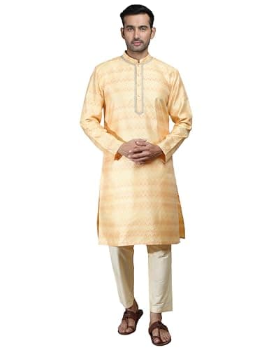 Filori Studio - Men's Traditional Motif Self Woven Design with Lace Detailing Long Kurta (Kurta Only) Yellow