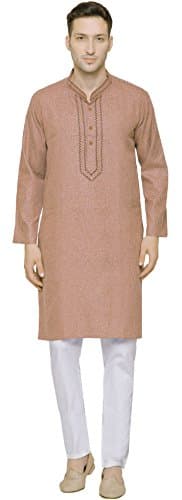 Elegant Cotton Men's Kurta Set Embroidered India Clothing (Brown, S)