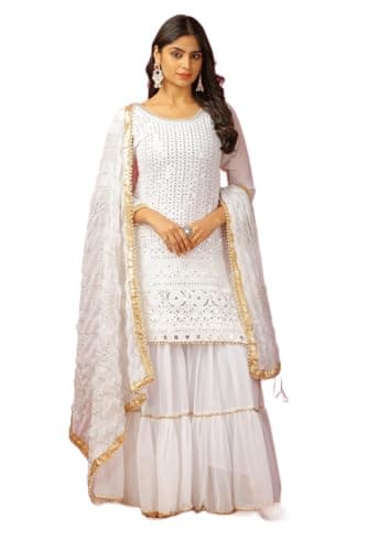 FASHION FRONTIER Beautiful Chinnon Punjabi Style Sharara Suit For Women Ready To Wear Salwar Kameez With Dupatta (US, Alpha, X-Large, Regular, Regular, White)