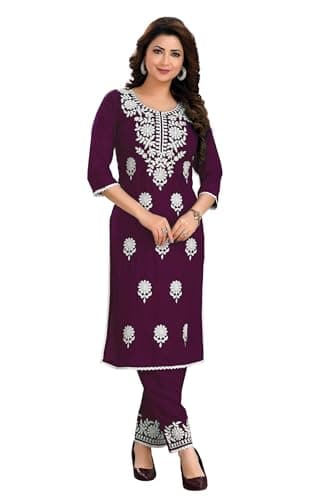 ladyline Rayon Plain Lucknowi Embroidered Kurta with Pants Set for Women Indian Dress(REKP TWKP) (38/Wine)