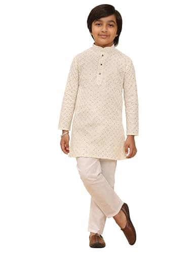 Pro-Ethic Style Developer Pure Cotton Sequined Embroidred Kurta for Boys | Traditional Indian Festive Kurta | Stylish Comfortable Outfit for Weddings | 10-11 Years | Cream (S-279)