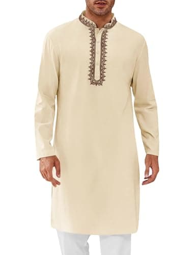 Runcati Mens Kaftan Thobe Cotton Henley Shirt Long Sleeve Embroidery Robe Casual Kurta Muslim Gown Shirt Apricot