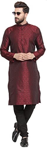 Traditional Men's Jacquard Silk Kurta Pajama Indian Party Dress (Maroon, XL)
