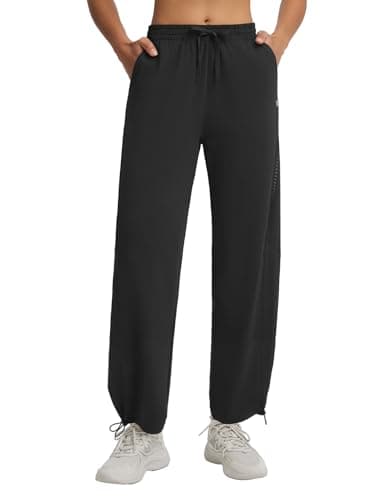 baleaf Women's Barrel Pants with Pockets Drawstring Athletic Quick Dry Soft Moisture-Wicking Track Pants Adjustable Cuff Wide Leg Tapered Fit Casual Sweatpants Black M