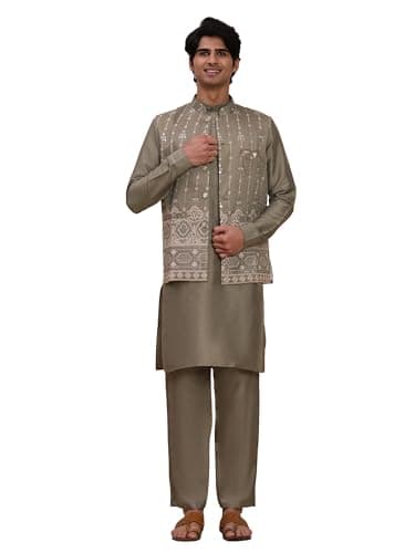 Pro-Ethic Style Developer Mens Heavy Cotton Silk Sequence Kurta Trouser Set With Waistcoat (Nehru Jacket) (C-124) Green Medium