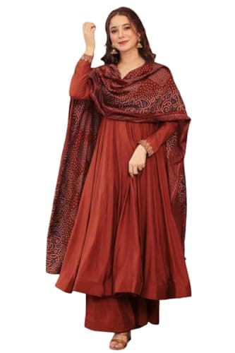 ONPEAK Women’s Indian Anarkali Long gown Set–Designer fit with Dupatta & Pant Traditional Festive Outfit (US, Alpha, 3X-Large, Regular, Regular, Rust)