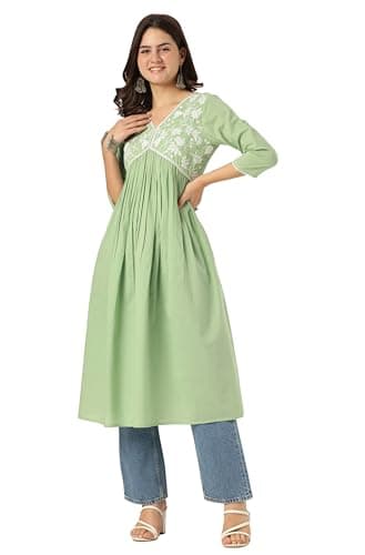 Janasya Indian Women's Cotton Green Yoke Embroidered Casual Wear Kurta for Women