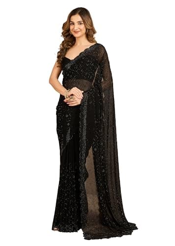 TRENDMALLS Women's Georgette Siroski work Saree with Unstitched Blouse Piece (K1207-Black)