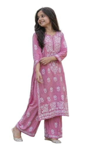 zomiconice Girls Kurta Set Embroidered Chikankari Kurta with pant ethnic Indian wear- Lucknow Chikankari (1, Pink, 8-9Y)