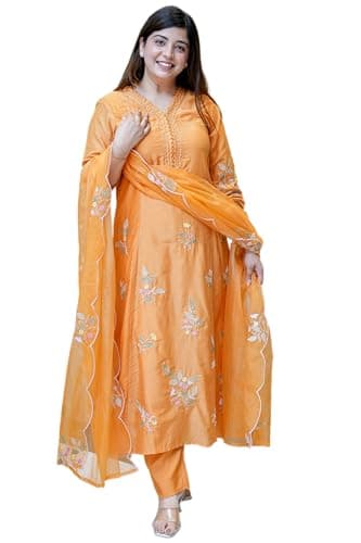 The Red Lion Enterprise Women’s Orange Muslin Kurta Pant 3 piece Set with Organza Dupatta Festive Partywear Indian outfit (US, Alpha, Large, Regular, Regular, Orange)