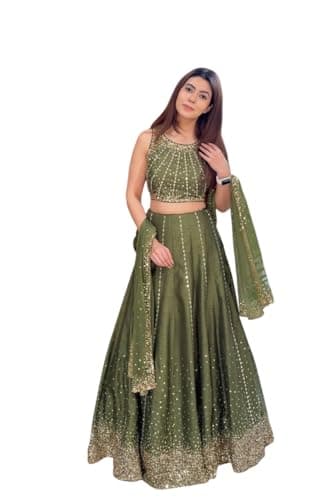 OQQTOO Ready To Wear Indian Lehenga Choli, Duppatt with Stitched Blouse For Women, Bridesmaid, Party, Festival Wear (Green, 32)