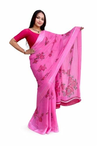 EVERYDAY CREATIONS Women’s Floral Printed Saree with Elegant Border | Lightweight Breathable Ethnic Indian Saree (Pink)