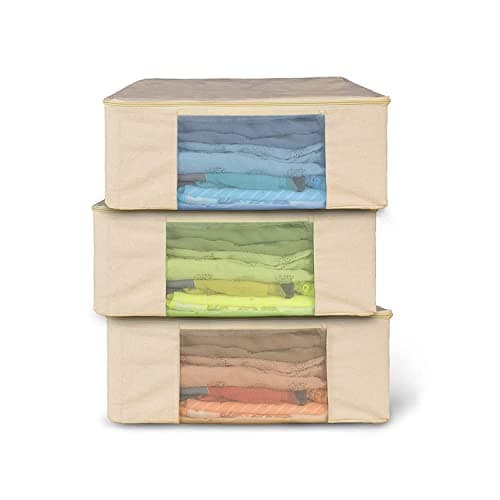 SOLSTICE Cotton Canvas Clothes Storage Bags, Saree Covers with Zip for Storage Specially Design for Woman Dresses, Sarees, Lehengas for Wardrobe Organizer (17 x 14 x 7 Inch, off white, Pack 0f 3)