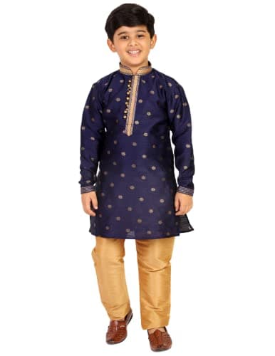 Pro-Ethic Style Developer Boy's Silk Kurta Sets | Jaquard | Kids Ethnic Wear Self Design (S-174 | Navy Blue,15-16 Years)