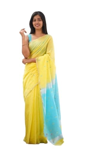 MOHIT CREATIONS Khadi Viscose Saree with Georgette Blouse Piece, Floral Pattern, Festival Wear, Sequin Work (YellowSky)