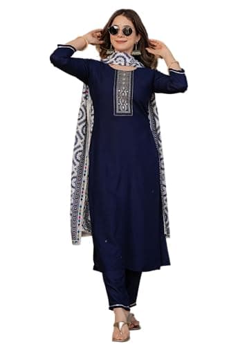 Rayon Embroidered Kurti Set with Pant and Printed Dupatta for Women Wedding and Festive Outfit (US, Alpha, X-Large, Regular, Regular, Navy Blue)