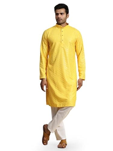 Pro-Ethic Style Developer Mens Indian Traditional Cotton Kurta Sets, Men Kurta Set Indian Wedding Dress (A-117) Yellow