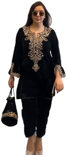 Fashion Gizz Velvet Embroidered Co-ord Set with Gold Embellishments, 2 Piece Set with Tunic, Kurta and Pants Black/42