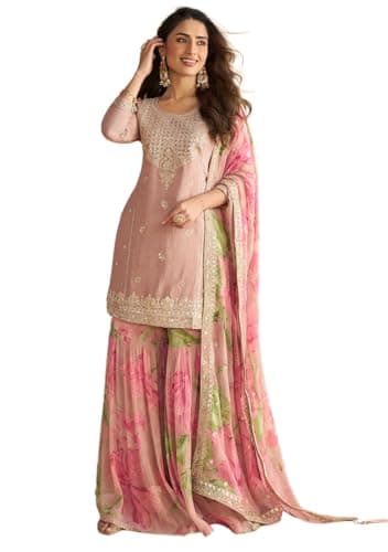 Indya Pink Embroidered Chinon Sharara Set for Festive | 3/4 Sleeve | Crew Neck | Indian Ethnic Wear