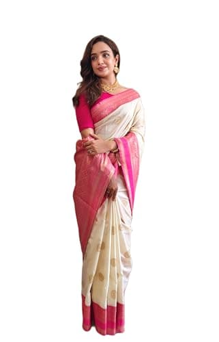 Soft Silk Saree with Elegant Coin Weaving All Over, Contrast Border & Beautiful Contrast Pallu Saree For Women (White)